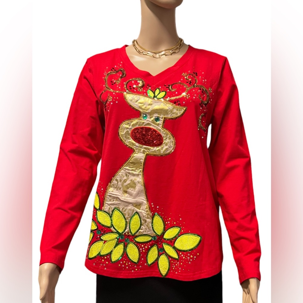 NWT Berek Red Long Sleeve Christmas Top Ornate Holiday Reindeer Sparkle …